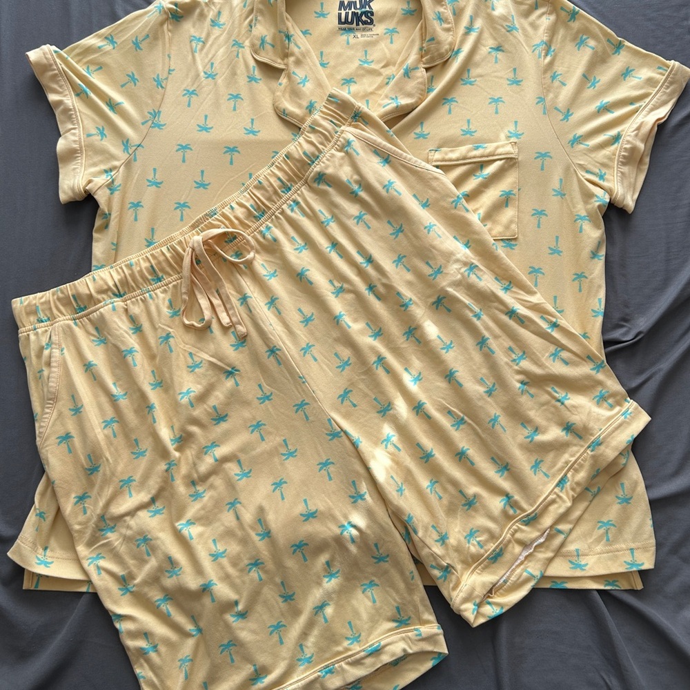 Muk Luks Yellow and Green Palm Print Pajama Set